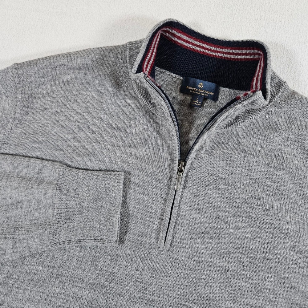 Brooks Brothers Sweater Mens L Gray Merino Wool Quarter Zip Striped Collar Mock